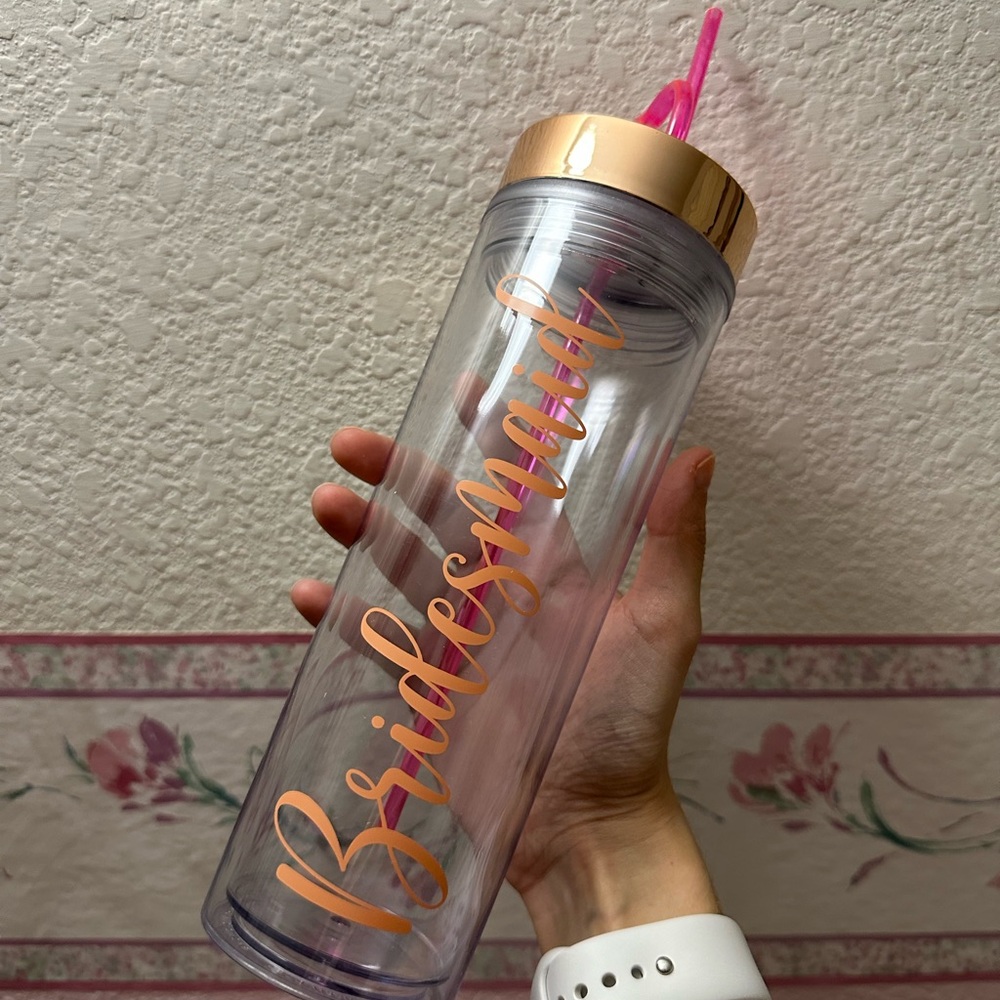 NWOT Clear Bridesmaid Water Bottle with Rose Gold Lid and Pink Silly Straw